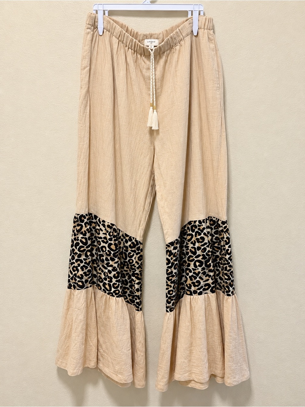Umgee Beige Wide-Leg Pants with Leopard Trim